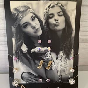 Gold 'Love' Charm and Pink Crystal Stud Earring Set